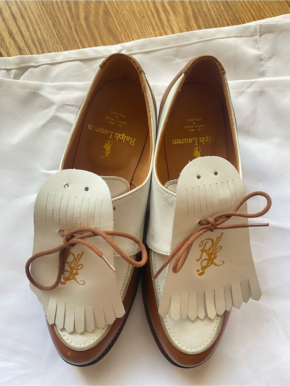 RALPH LAUREN Crockett & Jones Women's Golf Shoes Brown/White Metal Spikes Kilter